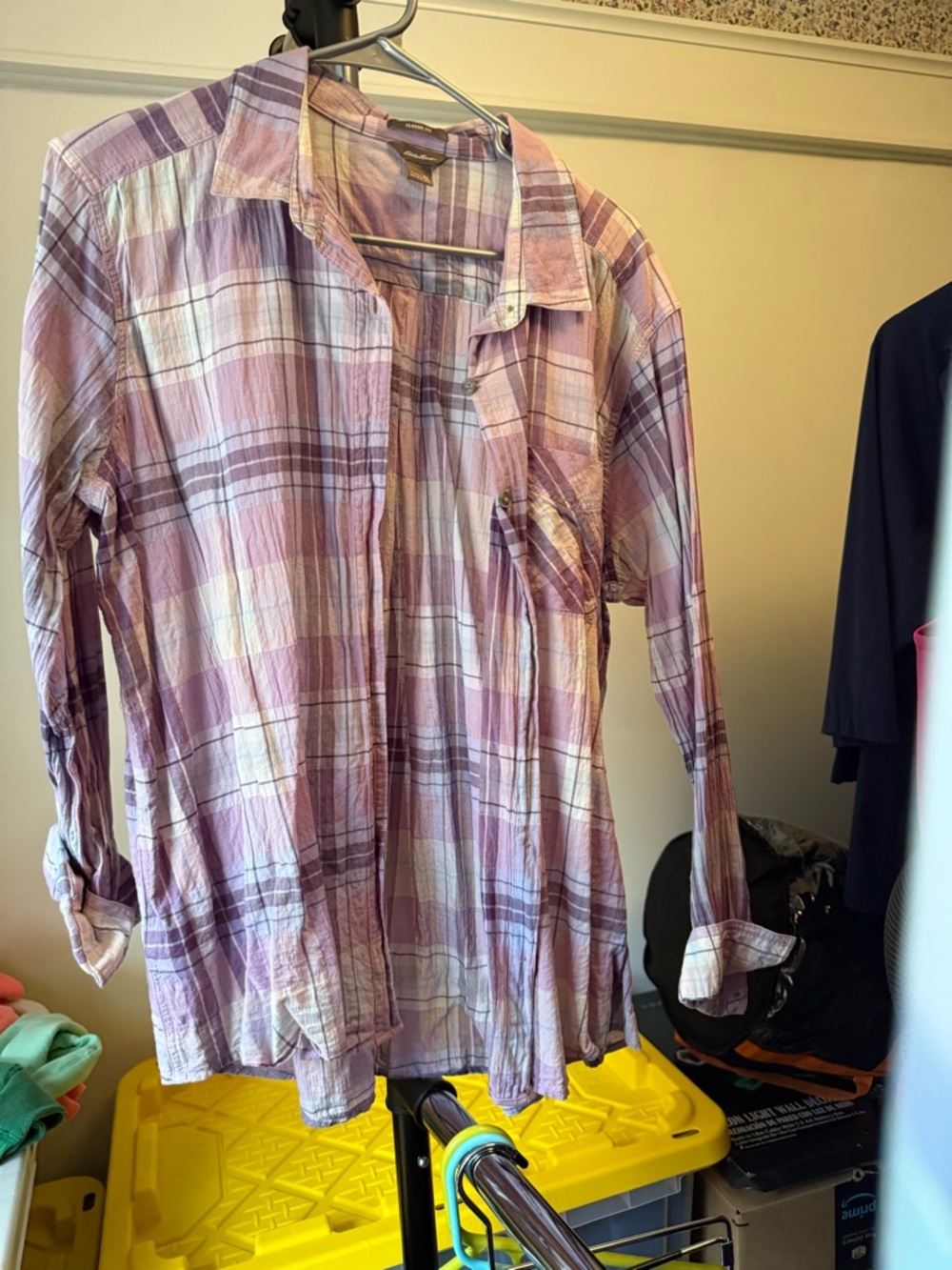 Eddie Bauer Purple and White Plaid Button-Up Shirt